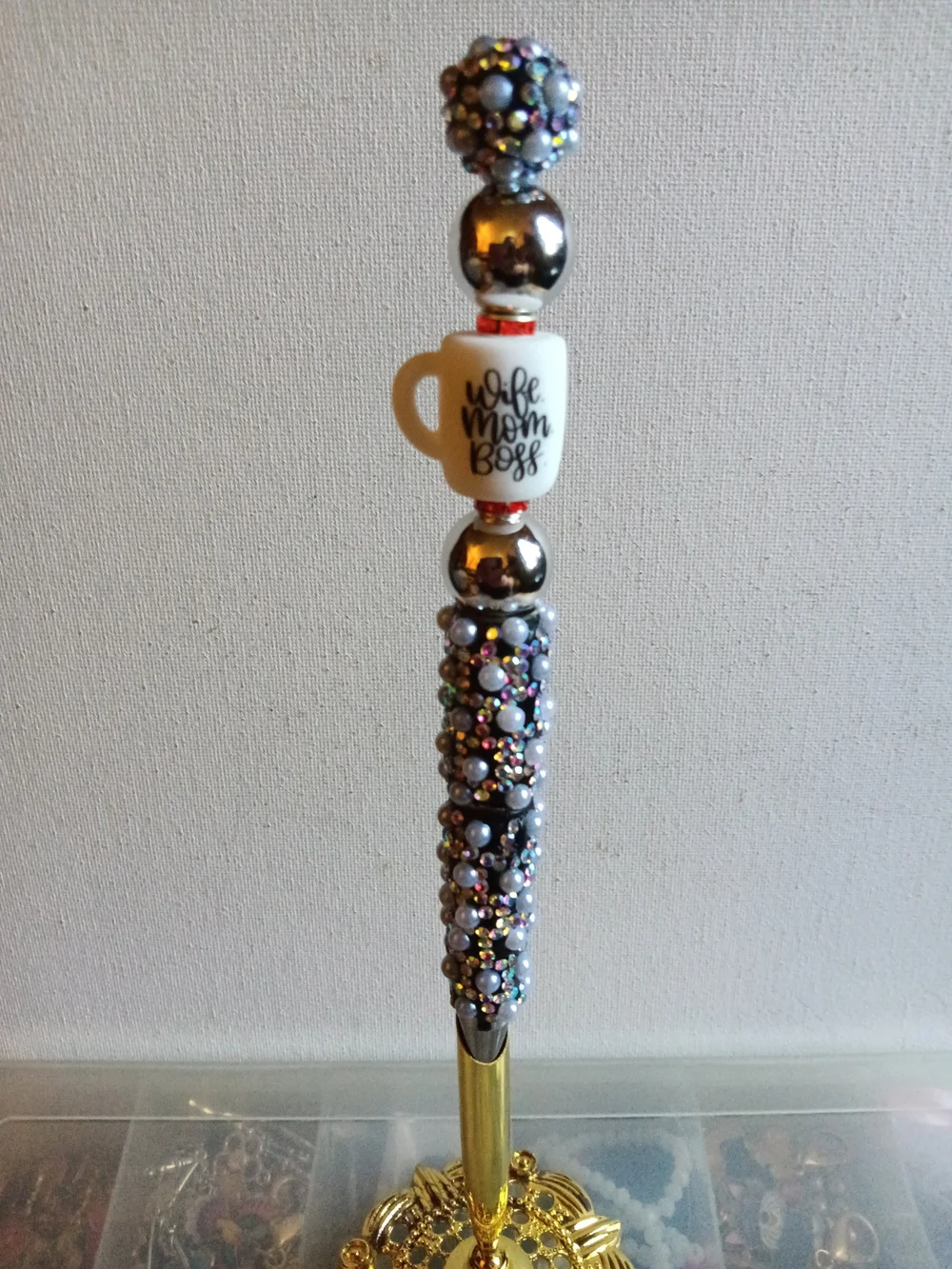 Wife Mom Boss Decorative Beaded Pen - White